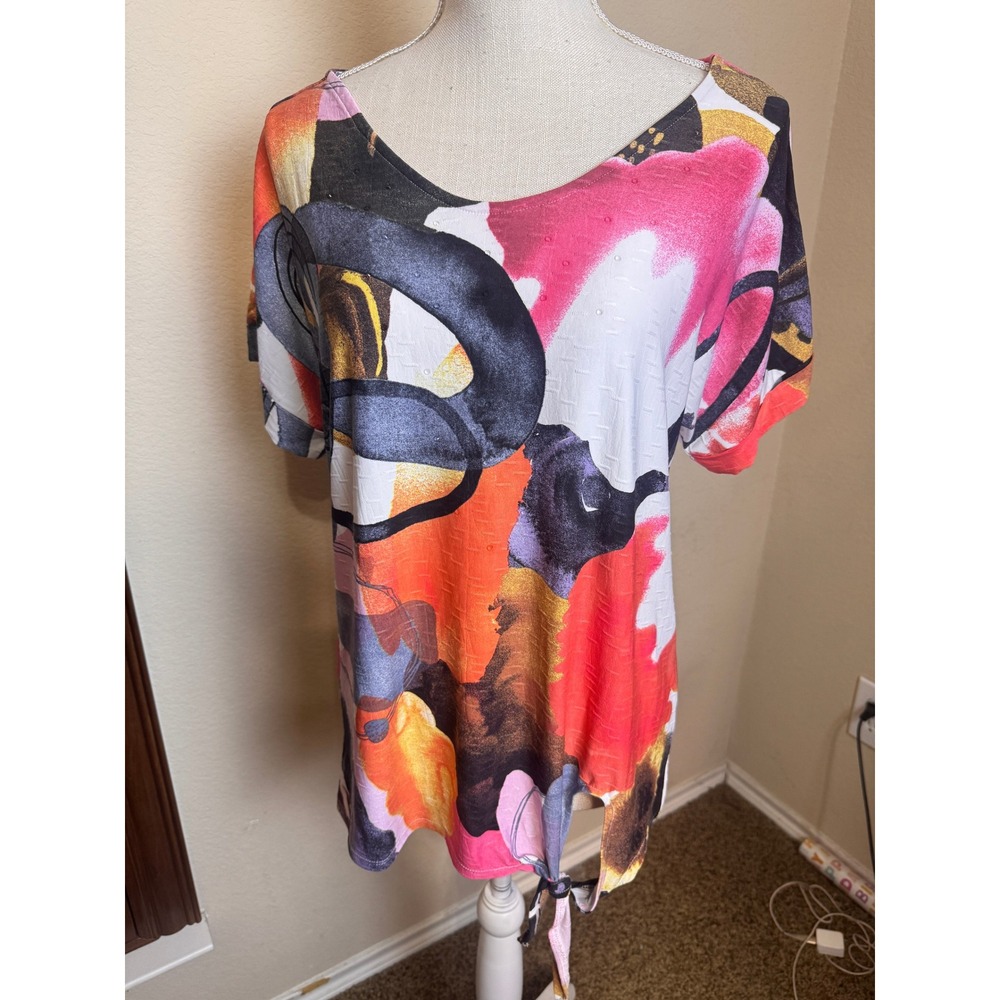 Ali Miles Womens Small Abstract Floral Art Print Side Tie Top Orange Pink Purple